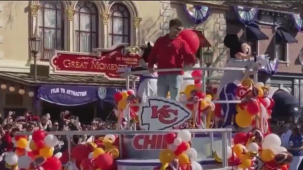 Patrick Mahomes celebrates Kansas City Chiefs Super Bowl win at Disneyland